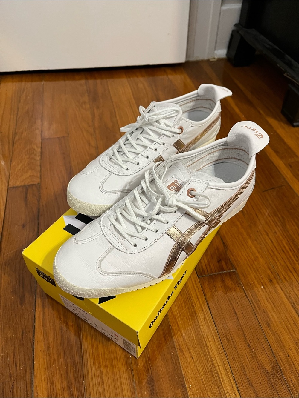 Onitsuka Tiger Mexico 66 Sneakers in White with Rose Gold Stripes
